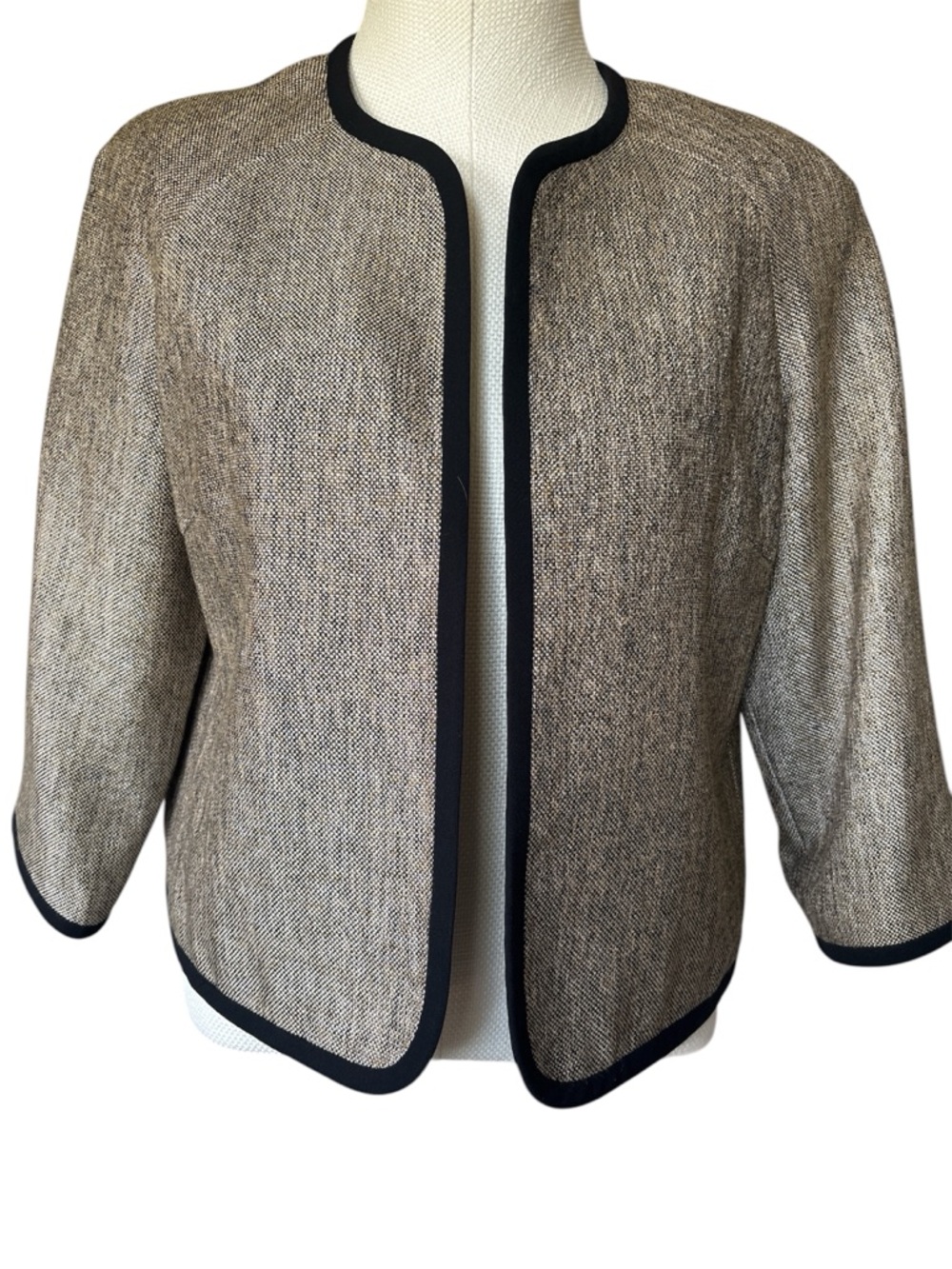Kasper Taupe Tweed Open-Front Jacket with Black Trim
